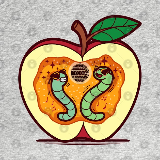 Funny Original Kawaii Worms Having Party Inside Apple Funny Disco Cartoon by BoggsNicolas